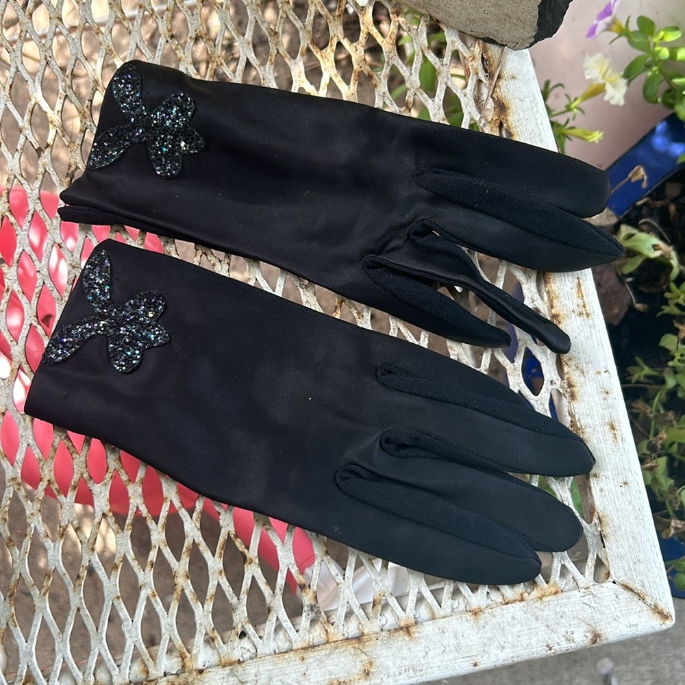 Vintage Black Satiny Gloves with Sparkle Design
